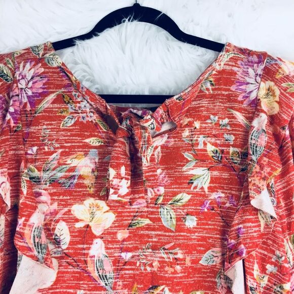 Lauren Conrad Red‎ Floral Ruffle Long Sleeve Top - Picture 6 of 7
